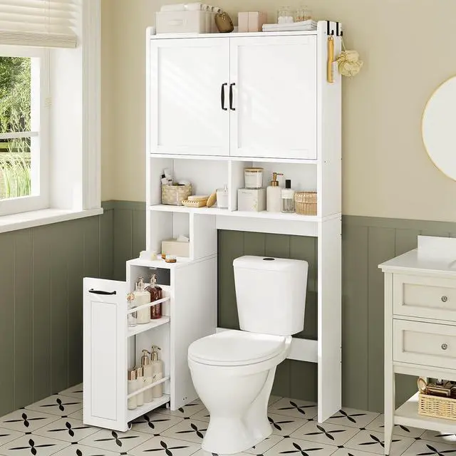 Main image of Over The Toilet Storage Cabinet with Pulley Small Bathroom Storage Cabinet, Space Saver W/Adjustable Shelf & Open Shelf for Bathroom, Restroom, Laundry (White)