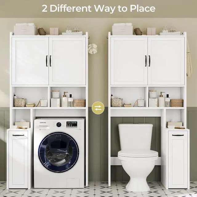Alt view image 4 of 7 - Over The Toilet Storage Cabinet with Pulley Small Bathroom Storage Cabinet, Space Saver W/Adjustable Shelf & Open Shelf for Bathroom, Restroom, Laundry (White)