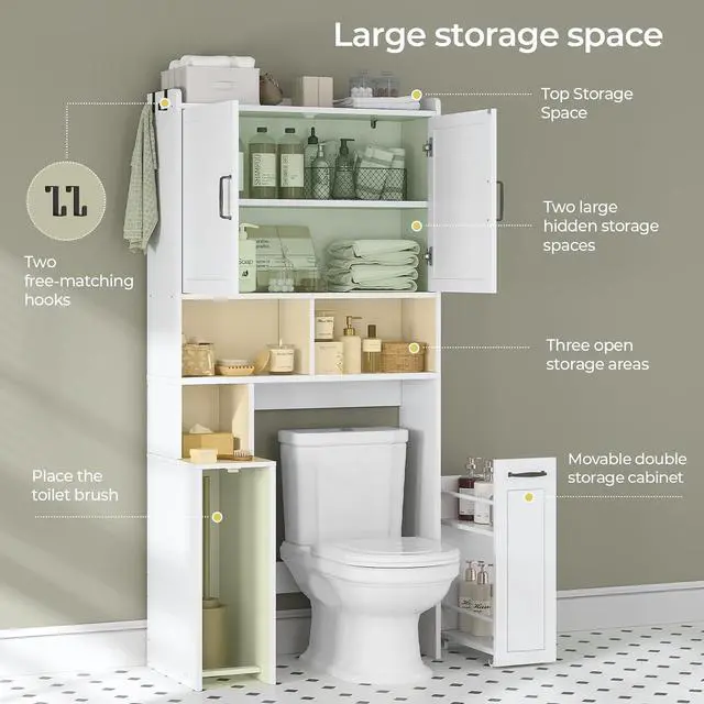 Alt view image 5 of 7 - Over The Toilet Storage Cabinet with Pulley Small Bathroom Storage Cabinet, Space Saver W/Adjustable Shelf & Open Shelf for Bathroom, Restroom, Laundry (White)