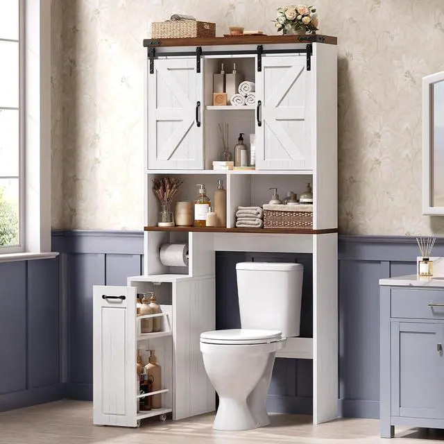 Main image of Farmhouse Over The Toilet Storage Cabinet with Pulley, Slide Barn Doors Bathroom Storage Cabinet, Space Saver W/Adjustable Shelf & Open Shelf for Bathroom, Restroom, Laundry (White Brown-Type A)