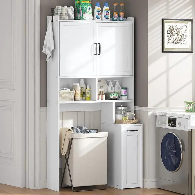 Alt view image 3 of 7 - Over The Toilet Storage Cabinet with Pulley Small Bathroom Storage Cabinet, Space Saver W/Adjustable Shelf & Open Shelf for Bathroom, Restroom, Laundry (White)