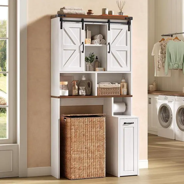 Alt view image 3 of 7 - Farmhouse Over The Toilet Storage Cabinet with Pulley, Slide Barn Doors Bathroom Storage Cabinet, Space Saver W/Adjustable Shelf & Open Shelf for Bathroom, Restroom, Laundry (White Brown-Type A)