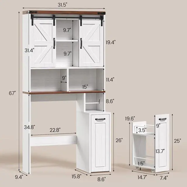 Alt view image 2 of 7 - Farmhouse Over The Toilet Storage Cabinet with Pulley, Slide Barn Doors Bathroom Storage Cabinet, Space Saver W/Adjustable Shelf & Open Shelf for Bathroom, Restroom, Laundry (White Brown-Type A)