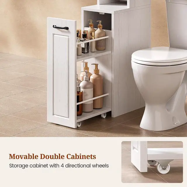 Alt view image 7 of 7 - Farmhouse Over The Toilet Storage Cabinet with Pulley, Slide Barn Doors Bathroom Storage Cabinet, Space Saver W/Adjustable Shelf & Open Shelf for Bathroom, Restroom, Laundry (White Brown-Type A)