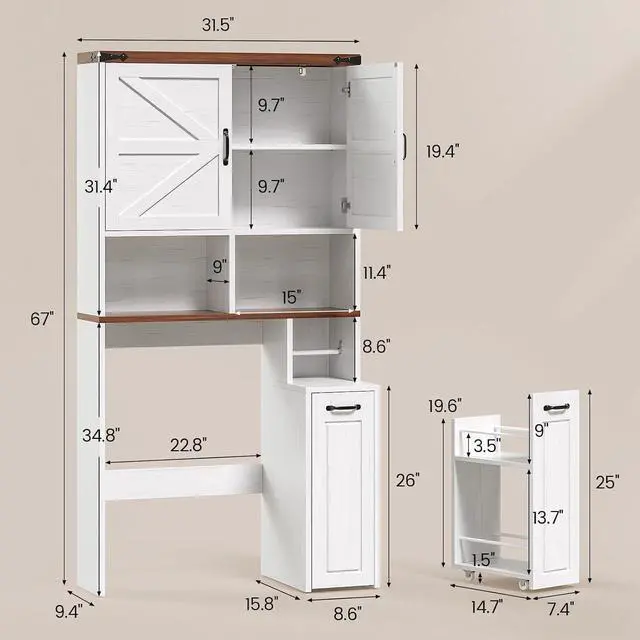 Alt view image 2 of 7 - Farmhouse Over The Toilet Storage Cabinet with Pulley Small Bathroom Storage Cabinet, Space Saver W/Adjustable Shelf & Open Shelf for Bathroom, Restroom, Laundry (White Brown-Type B)