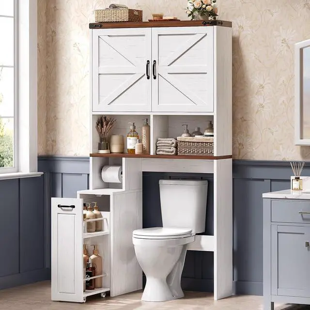 Main image of Farmhouse Over The Toilet Storage Cabinet with Pulley Small Bathroom Storage Cabinet, Space Saver W/Adjustable Shelf & Open Shelf for Bathroom, Restroom, Laundry (White Brown-Type B)