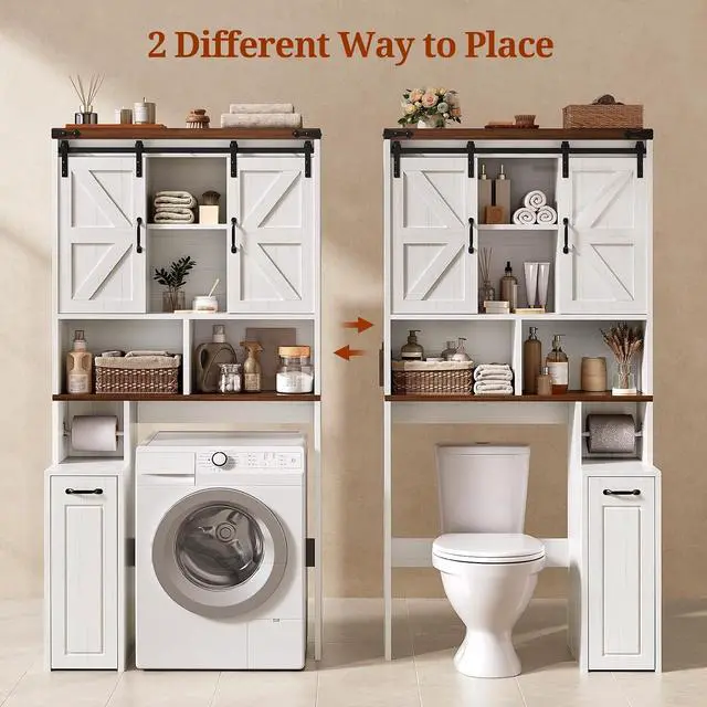 Alt view image 5 of 7 - Farmhouse Over The Toilet Storage Cabinet with Pulley, Slide Barn Doors Bathroom Storage Cabinet, Space Saver W/Adjustable Shelf & Open Shelf for Bathroom, Restroom, Laundry (White Brown-Type A)