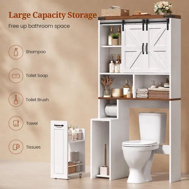 Alt view image 6 of 7 - Farmhouse Over The Toilet Storage Cabinet with Pulley, Slide Barn Doors Bathroom Storage Cabinet, Space Saver W/Adjustable Shelf & Open Shelf for Bathroom, Restroom, Laundry (White Brown-Type A)