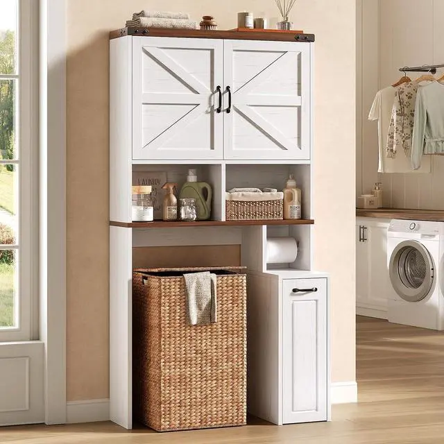 Alt view image 3 of 7 - Farmhouse Over The Toilet Storage Cabinet with Pulley Small Bathroom Storage Cabinet, Space Saver W/Adjustable Shelf & Open Shelf for Bathroom, Restroom, Laundry (White Brown-Type B)