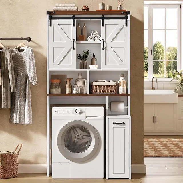 Alt view image 4 of 7 - Farmhouse Over The Toilet Storage Cabinet with Pulley, Slide Barn Doors Bathroom Storage Cabinet, Space Saver W/Adjustable Shelf & Open Shelf for Bathroom, Restroom, Laundry (White Brown-Type A)