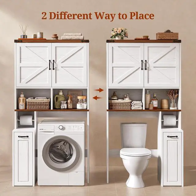 Alt view image 4 of 7 - Farmhouse Over The Toilet Storage Cabinet with Pulley Small Bathroom Storage Cabinet, Space Saver W/Adjustable Shelf & Open Shelf for Bathroom, Restroom, Laundry (White Brown-Type B)