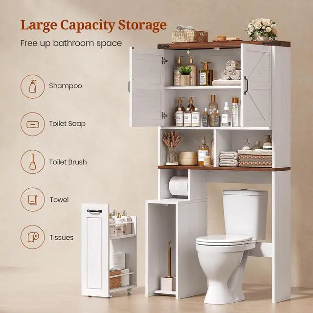 Alt view image 5 of 7 - Farmhouse Over The Toilet Storage Cabinet with Pulley Small Bathroom Storage Cabinet, Space Saver W/Adjustable Shelf & Open Shelf for Bathroom, Restroom, Laundry (White Brown-Type B)