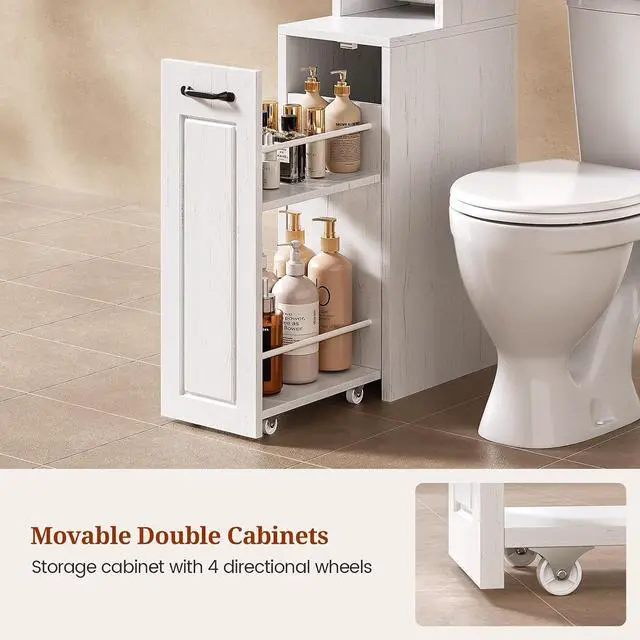 Alt view image 6 of 7 - Farmhouse Over The Toilet Storage Cabinet with Pulley Small Bathroom Storage Cabinet, Space Saver W/Adjustable Shelf & Open Shelf for Bathroom, Restroom, Laundry (White Brown-Type B)