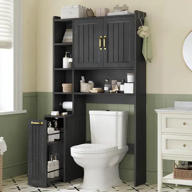 Main image of Over The Toilet Storage Cabinet with Pulley, Bathroom Cabinet, Space Saver W/Adjustable Shelf Rack for Bathroom, Restroom, Laundry (Black-Type A)