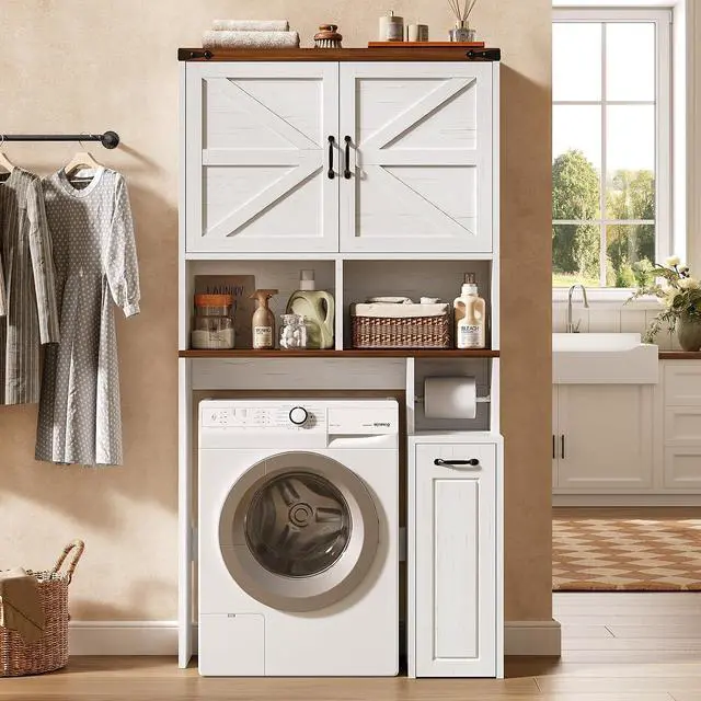 Alt view image 7 of 7 - Farmhouse Over The Toilet Storage Cabinet with Pulley Small Bathroom Storage Cabinet, Space Saver W/Adjustable Shelf & Open Shelf for Bathroom, Restroom, Laundry (White Brown-Type B)