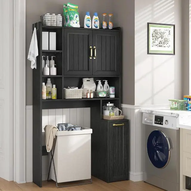 Alt view image 3 of 7 - Over The Toilet Storage Cabinet with Pulley, Bathroom Cabinet, Space Saver W/Adjustable Shelf Rack for Bathroom, Restroom, Laundry (Black-Type A)