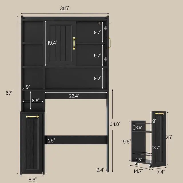 Alt view image 2 of 7 - Over The Toilet Storage Cabinet with Pulley, Bathroom Cabinet, Space Saver W/Adjustable Shelf Rack for Bathroom, Restroom, Laundry (Black-Type A)