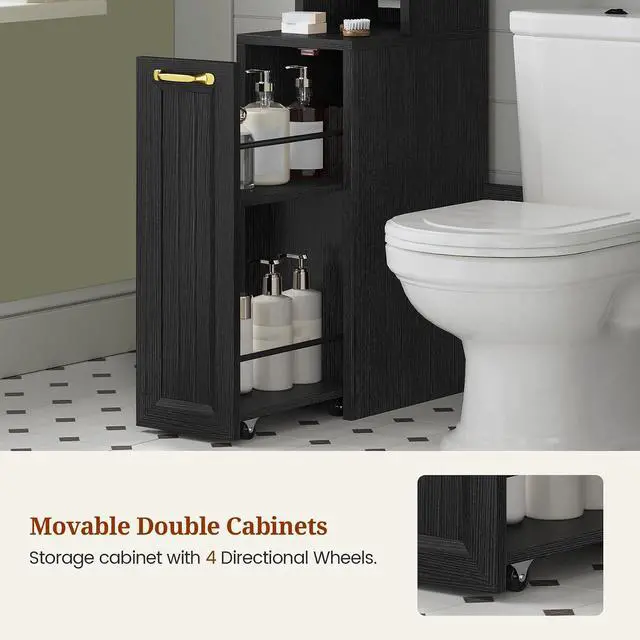 Alt view image 6 of 7 - Over The Toilet Storage Cabinet with Pulley, Bathroom Cabinet, Space Saver W/Adjustable Shelf Rack for Bathroom, Restroom, Laundry (Black-Type A)