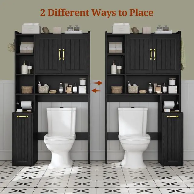 Alt view image 4 of 7 - Over The Toilet Storage Cabinet with Pulley, Bathroom Cabinet, Space Saver W/Adjustable Shelf Rack for Bathroom, Restroom, Laundry (Black-Type A)