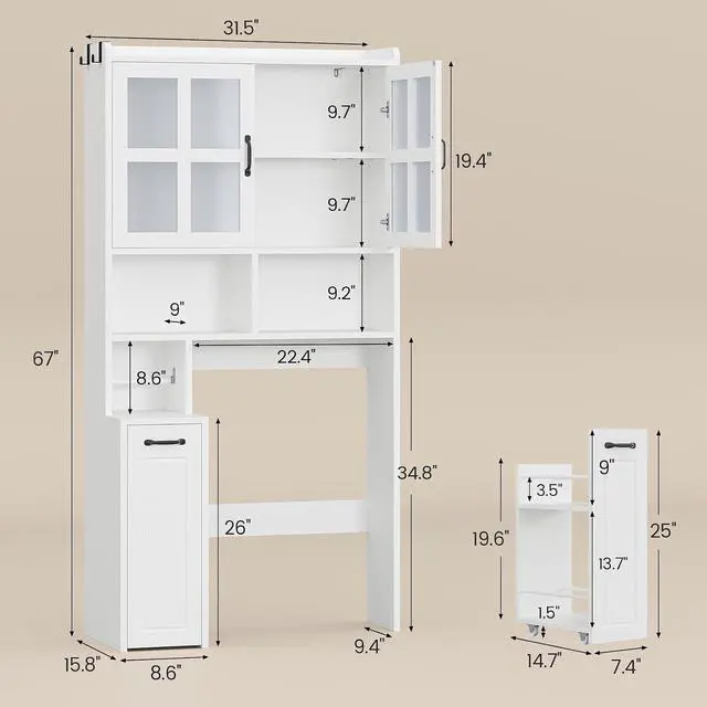 Alt view image 2 of 7 - Over The Toilet Storage Cabinet with Pulley Small Bathroom Storage Cabinet, Space Saver W/Adjustable Shelf & Glass Doors for Bathroom, Restroom, Laundry (Frosted Mirror-Type B)
