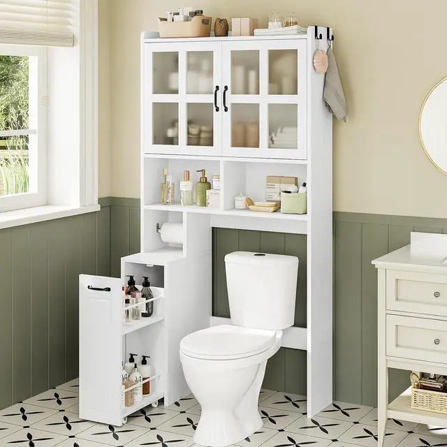 Main image of Over The Toilet Storage Cabinet with Pulley Small Bathroom Storage Cabinet, Space Saver W/Adjustable Shelf & Glass Doors for Bathroom, Restroom, Laundry (Frosted Mirror-Type B)