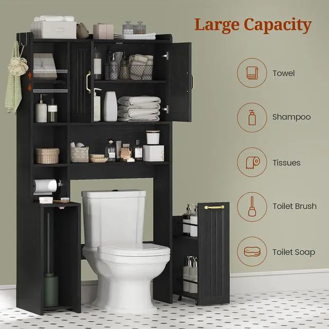 Alt view image 5 of 7 - Over The Toilet Storage Cabinet with Pulley, Bathroom Cabinet, Space Saver W/Adjustable Shelf Rack for Bathroom, Restroom, Laundry (Black-Type A)