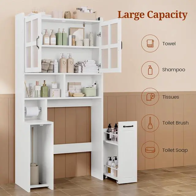 Alt view image 5 of 7 - Over The Toilet Storage Cabinet with Pulley Small Bathroom Storage Cabinet, Space Saver W/Adjustable Shelf & Glass Doors for Bathroom, Restroom, Laundry (Frosted Mirror-Type B)