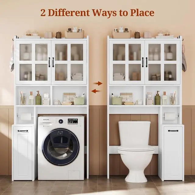 Alt view image 4 of 7 - Over The Toilet Storage Cabinet with Pulley Small Bathroom Storage Cabinet, Space Saver W/Adjustable Shelf & Glass Doors for Bathroom, Restroom, Laundry (Frosted Mirror-Type B)