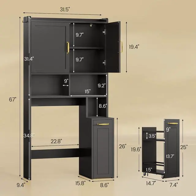 Alt view image 2 of 7 - Over The Toilet Storage Cabinet with Pulley Bathroom Storage Cabinet, Space Saver W/Adjustable Shelf & Open Shelf for Bathroom, Restroom, Laundry (Black)