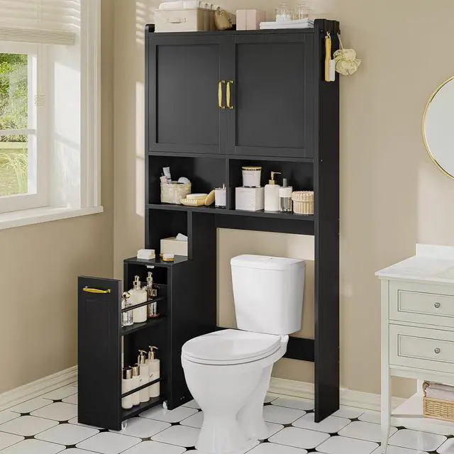 Main image of Over The Toilet Storage Cabinet with Pulley Bathroom Storage Cabinet, Space Saver W/Adjustable Shelf & Open Shelf for Bathroom, Restroom, Laundry (Black)