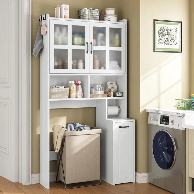 Alt view image 3 of 7 - Over The Toilet Storage Cabinet with Pulley Small Bathroom Storage Cabinet, Space Saver W/Adjustable Shelf & Glass Doors for Bathroom, Restroom, Laundry (Frosted Mirror-Type B)