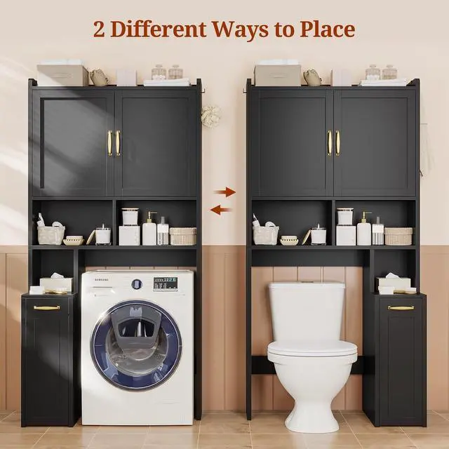 Alt view image 3 of 7 - Over The Toilet Storage Cabinet with Pulley Bathroom Storage Cabinet, Space Saver W/Adjustable Shelf & Open Shelf for Bathroom, Restroom, Laundry (Black)