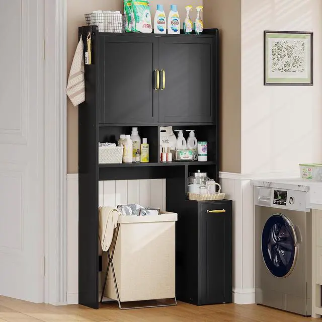 Alt view image 4 of 7 - Over The Toilet Storage Cabinet with Pulley Bathroom Storage Cabinet, Space Saver W/Adjustable Shelf & Open Shelf for Bathroom, Restroom, Laundry (Black)