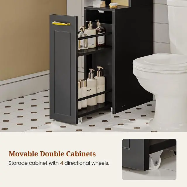 Alt view image 5 of 7 - Over The Toilet Storage Cabinet with Pulley Bathroom Storage Cabinet, Space Saver W/Adjustable Shelf & Open Shelf for Bathroom, Restroom, Laundry (Black)