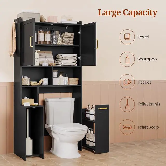 Alt view image 6 of 7 - Over The Toilet Storage Cabinet with Pulley Bathroom Storage Cabinet, Space Saver W/Adjustable Shelf & Open Shelf for Bathroom, Restroom, Laundry (Black)