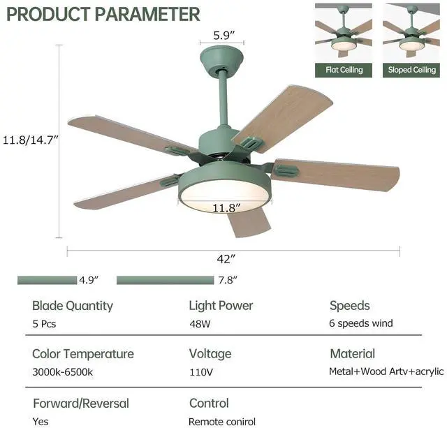 Alt view image 6 of 7 - 42 Inch Ceiling Fan with Light, 3 Color Dimmable LED Ceiling Fans with Remote 5 Blade 6 Speeds Reversible DC Motor Quiet Farmhouse Ceiling Fans for Bedroom Living Room Kitchen