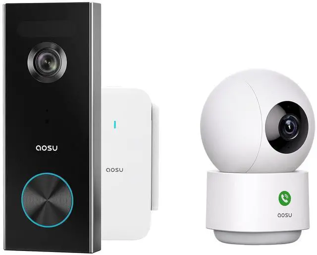 Main image of AOSU 2K Doorbell Camera Wireless Bundle 360-Degree 2K Security Camera Indoor, Home Wireless Security System Compatible with Alexa and Google Assistant, 24/7 Secure Your Home Inside and Out