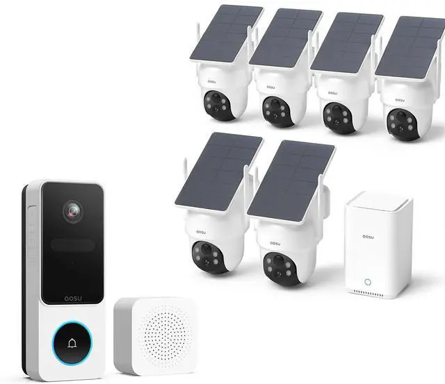 Main image of AOSU Outdoor Security Bundle 6-Cam Wireless Solar Camera Kit with 360° Pan-Tilt + Smart Wireless Video Doorbell with Head-to-Toe View, Package Detection, No Subscription, Works with Alexa & Google A
