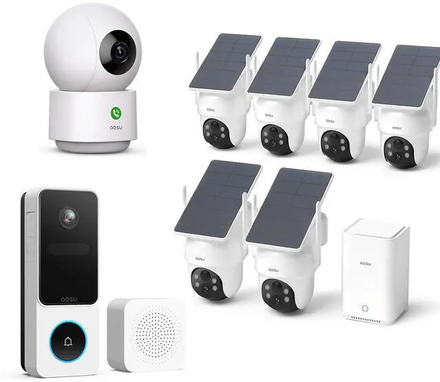 Main image of aosu Whole-Home Security Bundle 6-Cam Wireless Outdoor Kit + Smart Video Doorbell + 2K Indoor Baby/Pet Monitor, No Subscription, Local Storage, Compatible with Alexa & Google Assistant