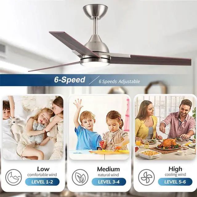 Alt view image 3 of 7 - 52 Inch Ceiling Fans with Lights and Remote 3-Blade American Ceiling Fan with Lights 2 Downrods Reversible 6 Speeds 3 Colors Dimmable for Bedroom Dining Room Kids Room