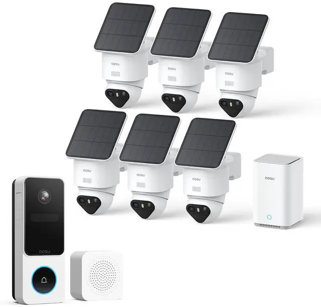 Main image of aosu T2 Ultra 4K Solar Outdoor Wireless Security Cameras 6-Cam Kit + 2k Wireless Doorbell Camera with Chime No Subscription Fees