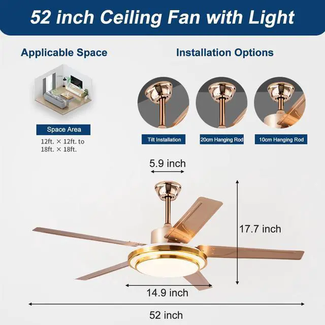 Alt view image 3 of 7 - Stainless steel Ceiling Fan with Lights and Remote 52 inch 5-Blade Ceiling Fans Reversible, 3CCT, Dimmable, Noiseless for Bedroom, Farmhouse, living room, Indoor/Outdoor Use