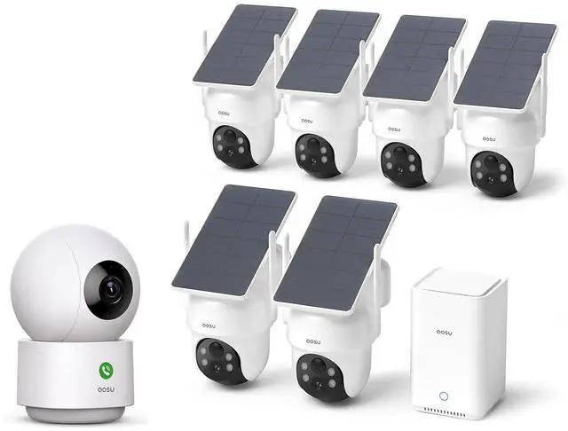 Main image of aosu Indoor & Outdoor Security Camera Bundle 6-Cam Wireless Outdoor Kit with Solar 5MP Pan-Tilt Cameras + 2K Indoor Baby/Pet Monitor with Smart Motion Tracking, No Subscription, aosuBase Expandable