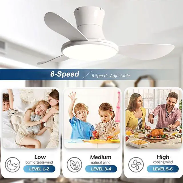Alt view image 3 of 7 - Flush Mount Ceiling Fan with Lights 36 inch Ceiling Fan With Light and Remote 6 Speed 3 Color Noiseless Low Profile Ceiling Fans for Indoor Farmhouse Bedroom Living Room Outdoor Patio Porch