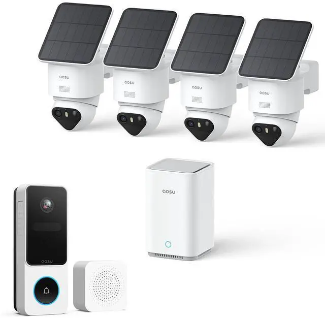 Main image of aosu T2 Ultra 4K Solar Outdoor Wireless Security Cameras 4-Cam Kit + 2k Wireless Doorbell Camera with Chime No Subscription Fees