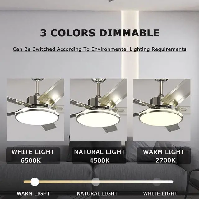Alt view image 5 of 7 - 3 Color LED Ceiling Fan with Lights Ceiling Fans with Lights and Remote 45 Inch Modern Ceiling Fan for Bedroom Low Profile Smart Ceiling Fan Outdoor Ceiling Fans for Patios with Light