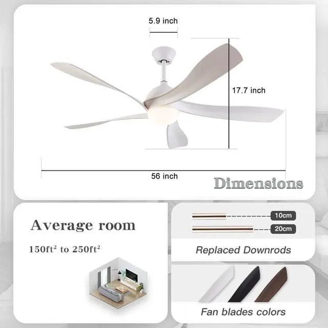 Alt view image 2 of 7 - Ceiling Fans with Lights Remote Control 56" Modern LED Ceiling Fan with Lights Reversible DC Motor, Dimmable 3CCT Quiet Ceiling Fan for Covered Patios Living Room