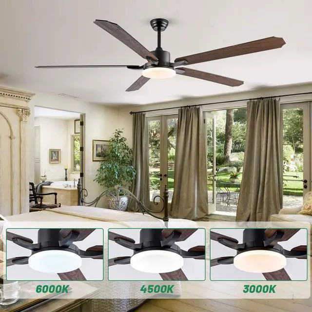 Alt view image 2 of 7 - 72 inch Large Ceiling Fans with Lights and Remote Black Modern Ceiling Fan, 6 Speeds, Reversible Quiet DC Motor, 3CCT, Bi-color 8 Blades Ceiling Fans for Living Room Patio Garage