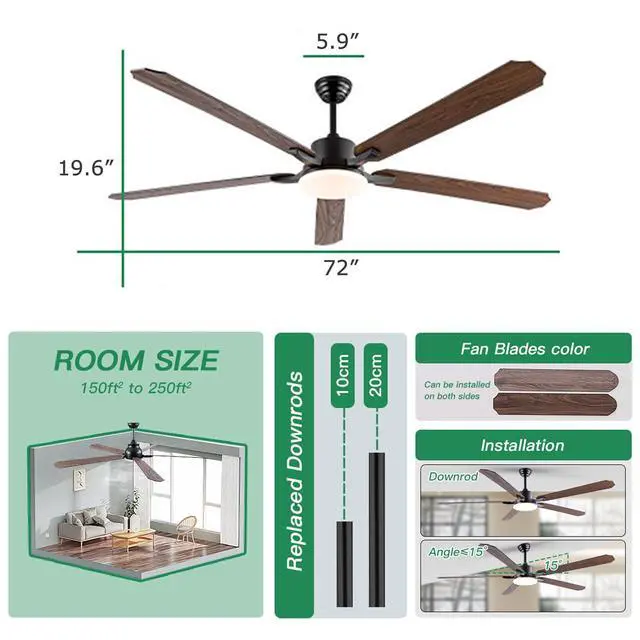 Alt view image 6 of 7 - 72 inch Large Ceiling Fans with Lights and Remote Black Modern Ceiling Fan, 6 Speeds, Reversible Quiet DC Motor, 3CCT, Bi-color 8 Blades Ceiling Fans for Living Room Patio Garage