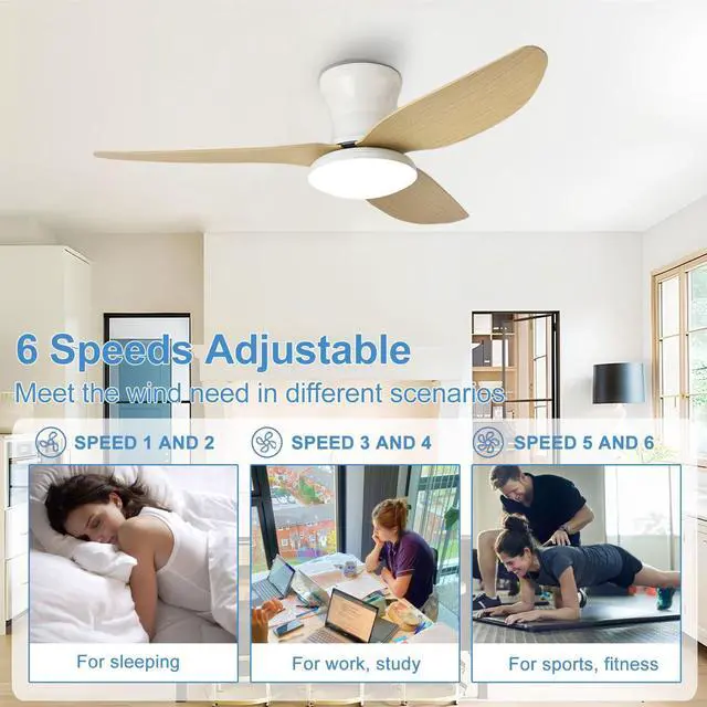 Alt view image 6 of 7 - 40 inch Ceiling Fan with Lights Flush Mount Ceiling Fan with Light and Remote Reversible 6 speeds Modern Ceiling Fan Mute Ceiling Fan with Lights for Bedroom Living Room Kids Room
